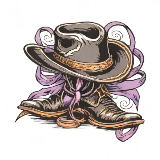 Black Cowboy Hat On Boots With Purple Ribbon Intertwined