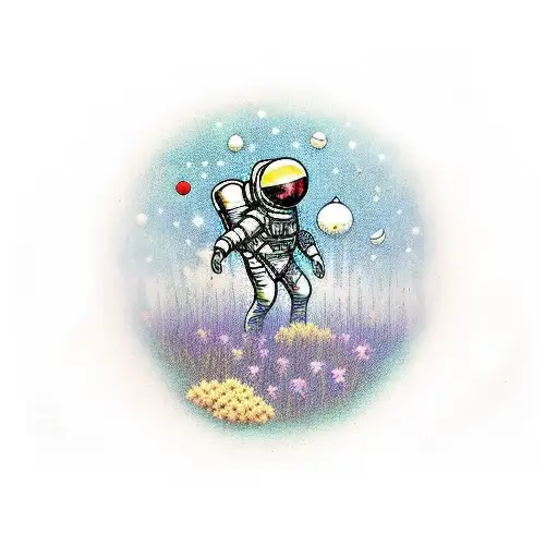 Cosmonaut Walking Through A Field Of Mushrooms And Hemp Against The Background Of The Starry Sky