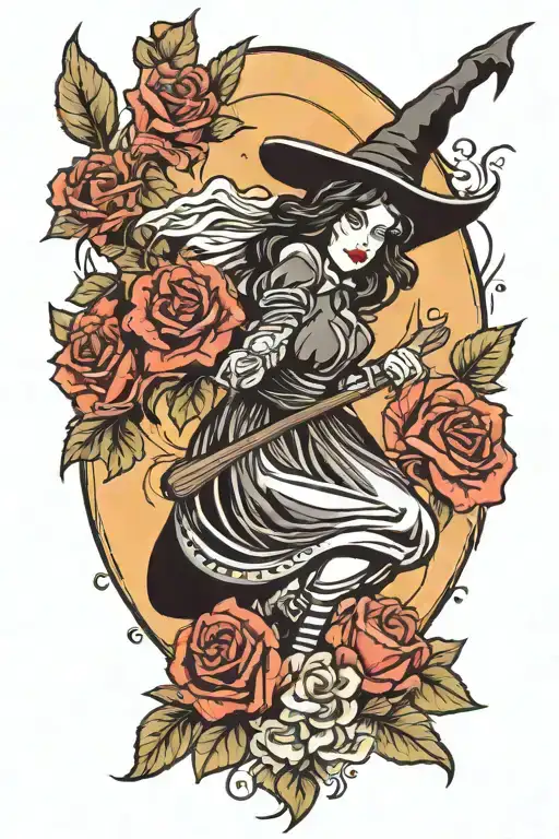 Witch With A Broom Among Roses Growing