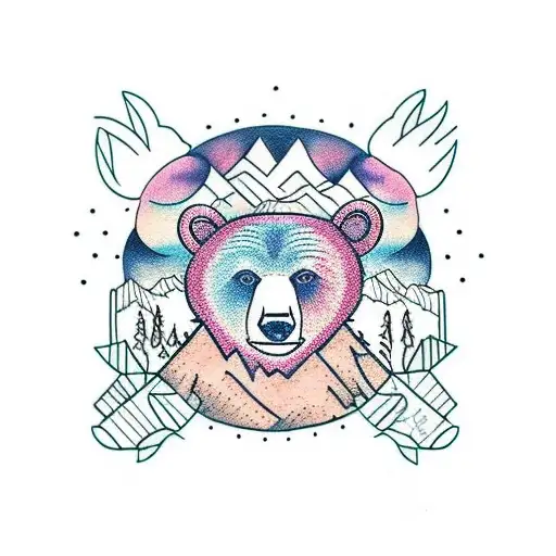 A Bear Made From Mountain And Forest With Birds Above