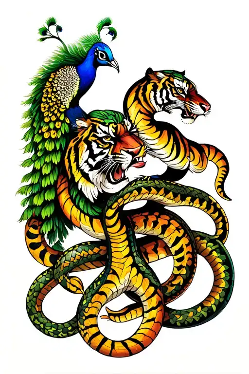 Tiger & Peacock Fighting Two Snakes Wrapped