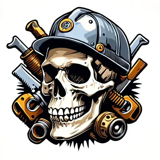 A Skull Wearing A Machine Maintenance Hat Surrounded By Metal Tools And Equipment