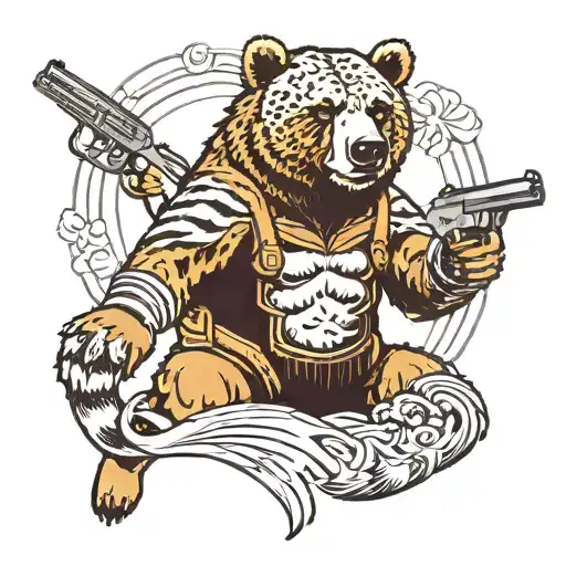 Grizzly Bear Wearing Tiger Shorts Shooting 2 Handguns