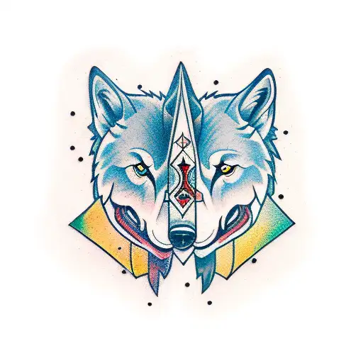 Two Different Wolves Conjoined Together In Neotraditional