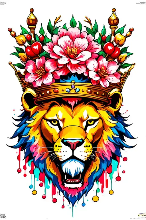 Crowned Lion Head With Cherry Blossom And Watercolor Paint