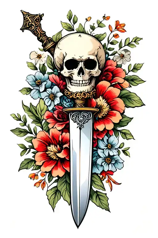 Dagger With Skull And Flowers