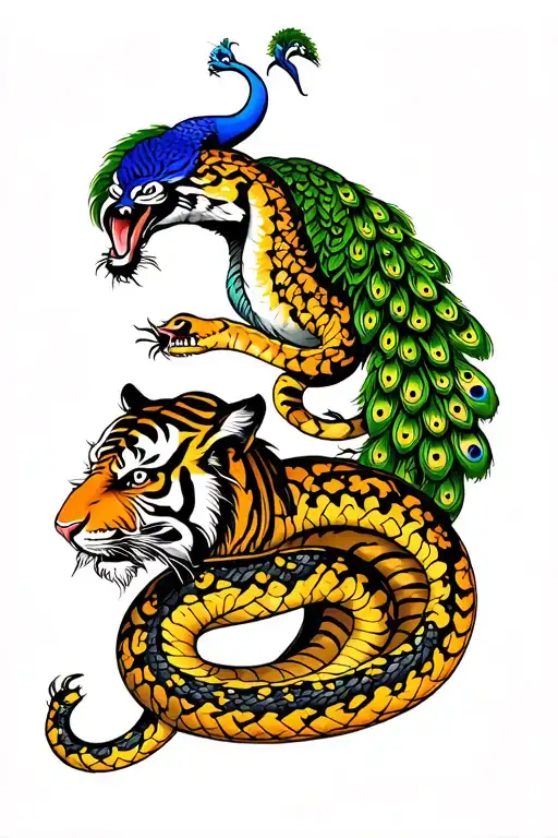 Tiger & Peacock Fighting Two Snakes