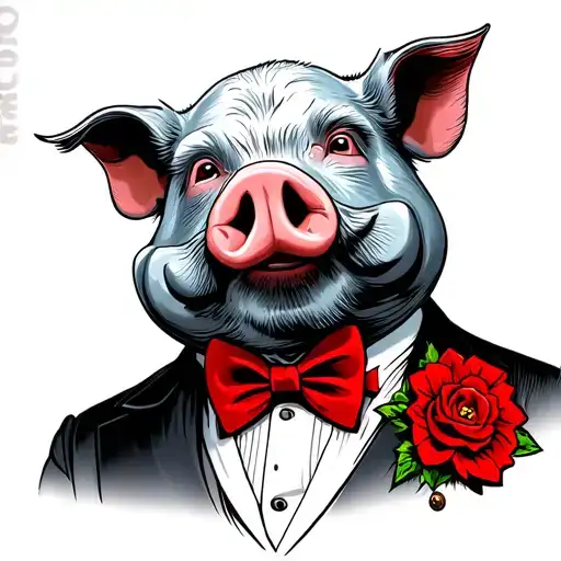 Fat Gangster Pig With Tuxedo With Red Bowtie And Red Flower On Lapel