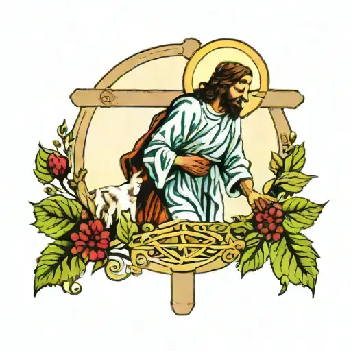 Jesus Helping-- A Man Clothed In Lamb Skin-- Carry A Cross Accented With Fig Leaves