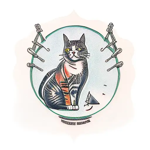 A Traditional Tattoo Of A Cat Sitting On A Pile Of Money With A Fishing Rod And A Hiking Boot Nearby