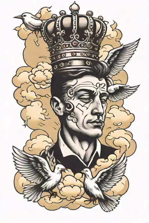 Show Me The Name Danny In Tattoo Form With A Crown Above The D And Clouds And Doves