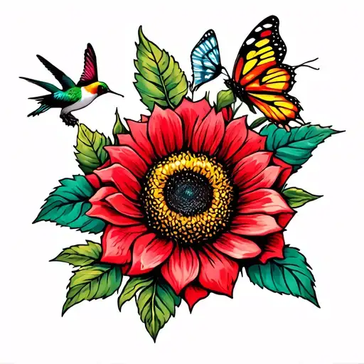 Red Rose And Sunflower With Hummingbird And Butterfly Flying Over