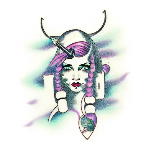 Plus Sized Girl With Long Purple Hair Shaved On Left Side Big Lips Green Eyes Holding A Tattoo Gun