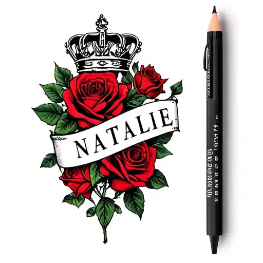 Natalie Name Tattoo With Crown And Red Roses Growing Colour Infused With Black And Red