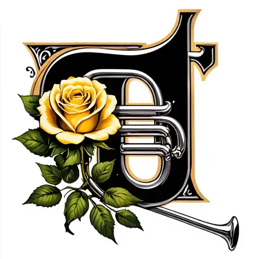Capital E In Avestrava Font With A Silver Trumpet And Long Stem Yellow Rose