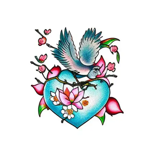 Cherry Blossoms Wrap Around A Heart And Lotus And A Bird