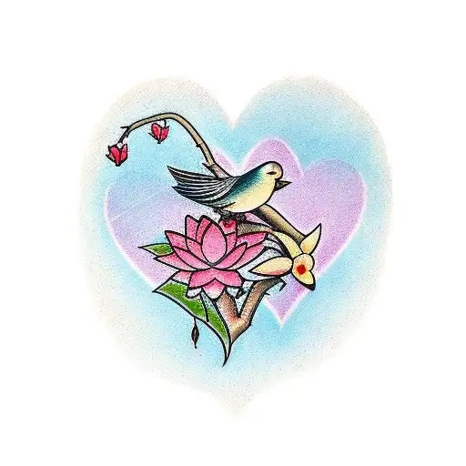 A Lotus And A Bird And Cherry Blossom Branches Wrap Around A Heart