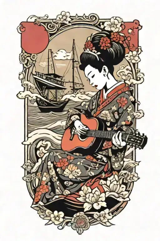 A Traditional Japanese Geisha Playing A Guitar On A Boat
