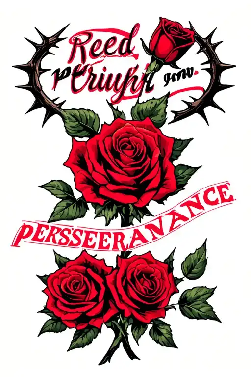 Red Roses With Thorns In Black And Writing In Red That Says Perseverance