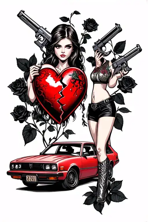 Girl With A Broken Heart Holding Guns On Top Of A Import Car With Black Roses Growing Around
