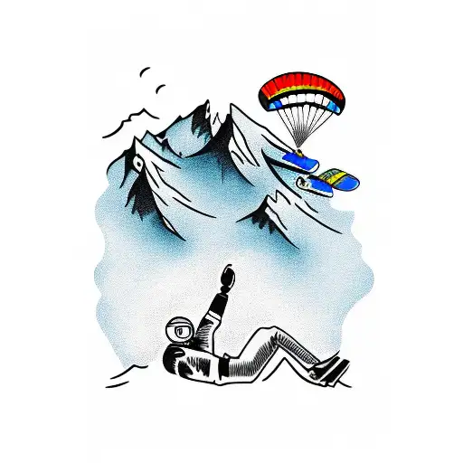 Skier Down A Mountain With A Paraglider Overhead