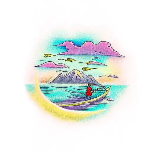 A Serene Fishing Scene With A Colorful Sunset Reflecting On The Water