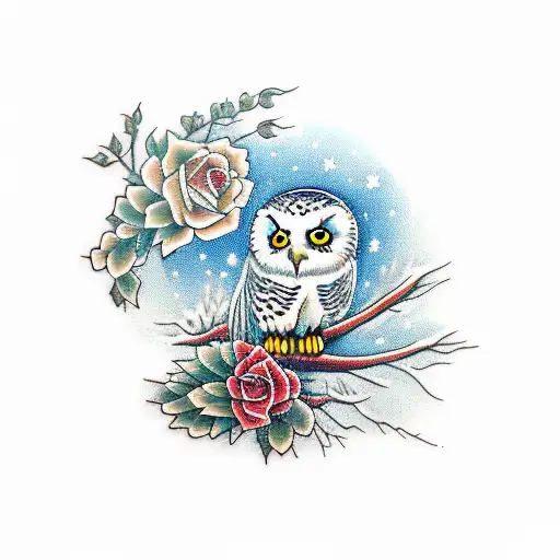Snowy Owl On Branch With Roses