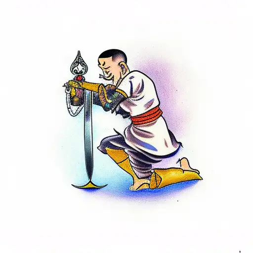 Monk On One Knee With A Sword