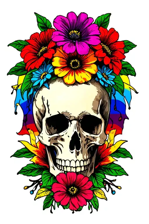 Flowers Skull And Rainbow