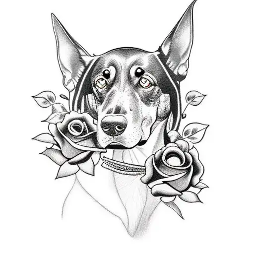 Black And Grey Portrait Of Young Dobermann With Lots Of Roses Around The Neck