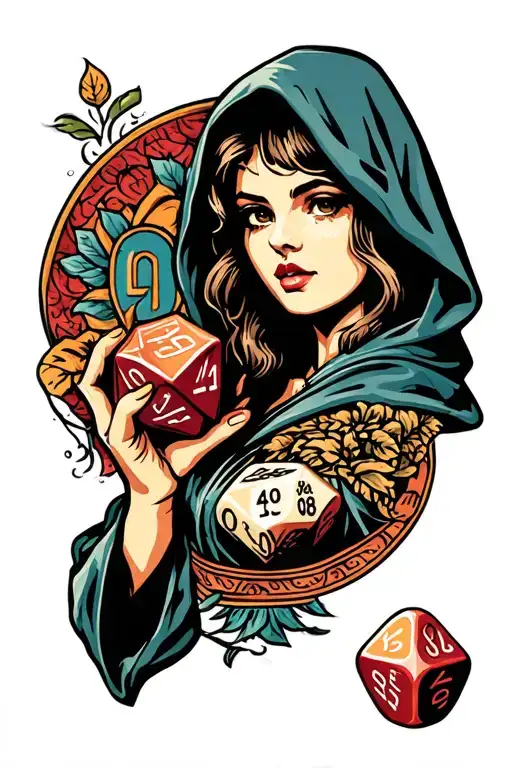 Hooded Woman Holding D20 Dice