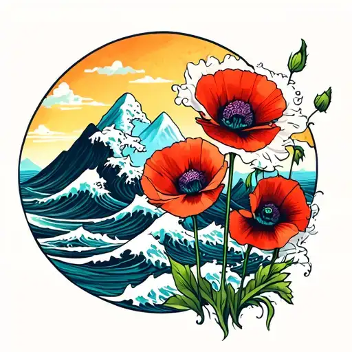 Ocean Waves And Mountains And Poppies Blooming
