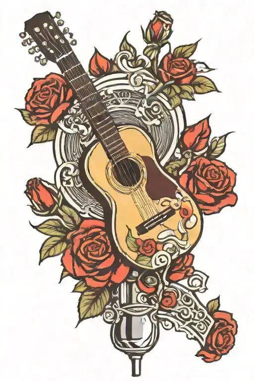 A Guitar And Microphone Intertwined With Roses Surrounded