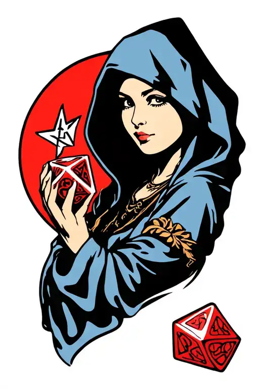 Hooded Woman Holding D20 Dice