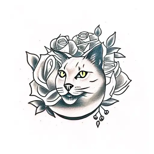 A Tattoo Of A Black Cat Sitting On A Bed Of Roses With A Full Moon In The Background