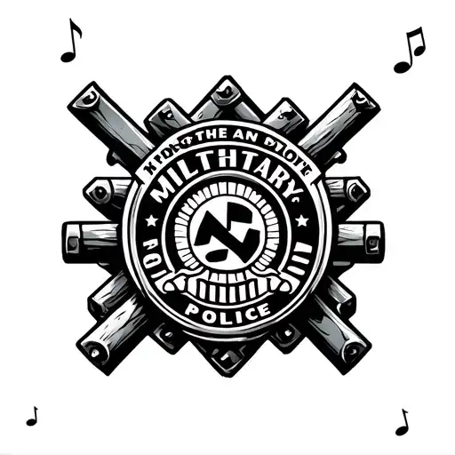 Military Police Badge Surrounded By Steel Beams And Musical Notes