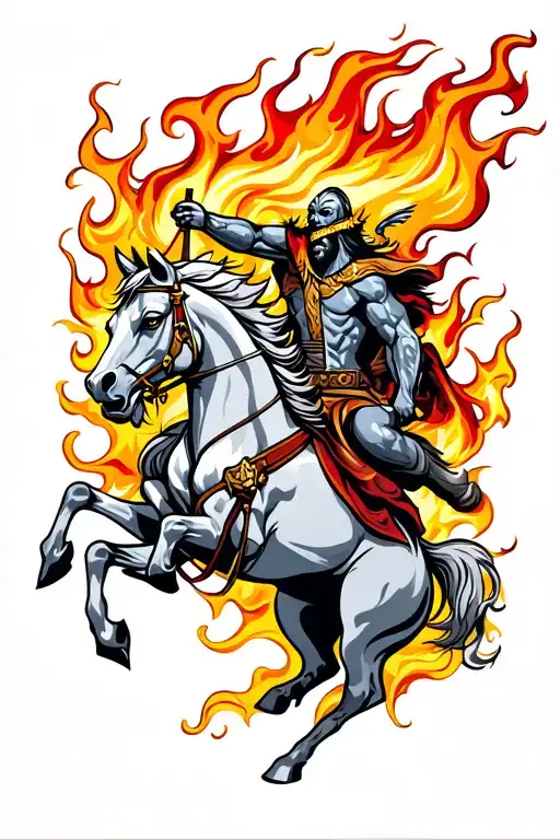 Flames Background With Fenrir Battling Odin On Horse