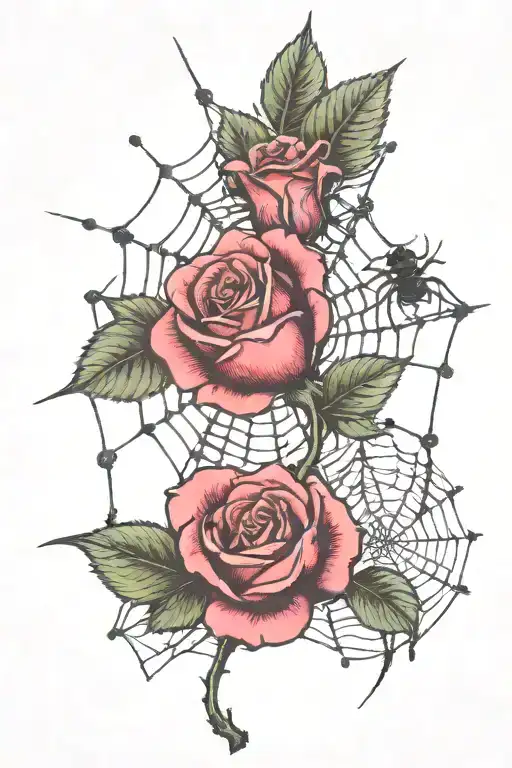 One Rose With Stem And Spider Web