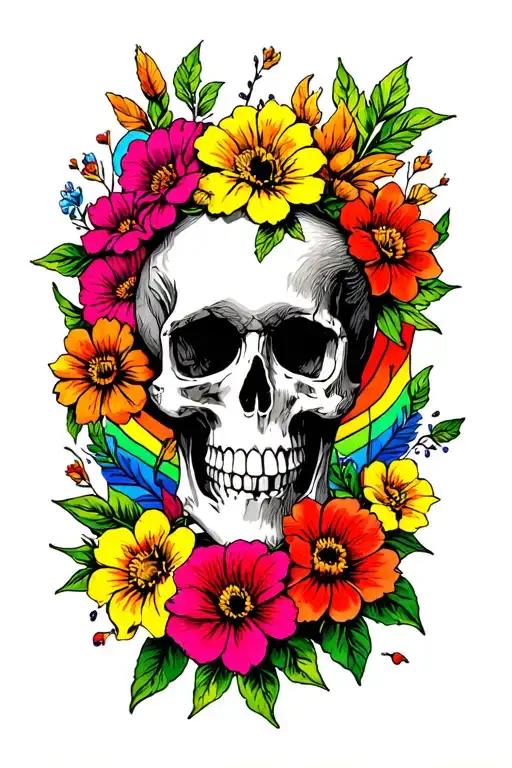 Flowers Skull And Rainbow