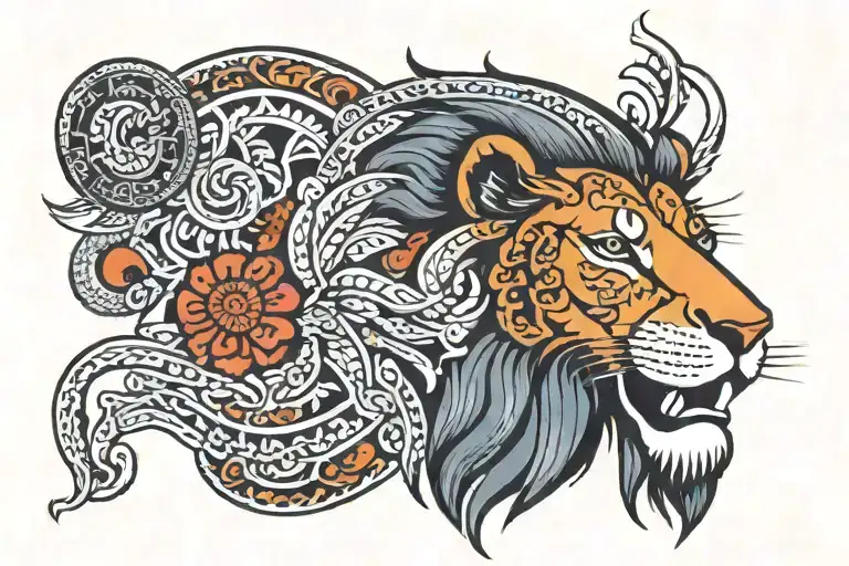 A Traditional Style Tattoo Of A Lion With Maori Patterns And A Subtle Hint Of A Baby's Face