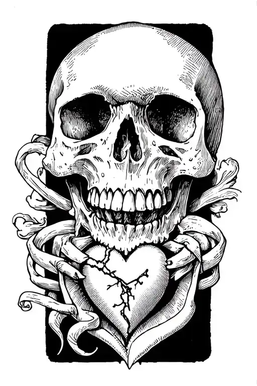 Skull With Jaw Broken And A Heart Resting On The Jaw