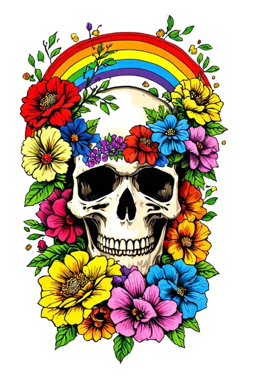 Flowers Skull And Rainbow