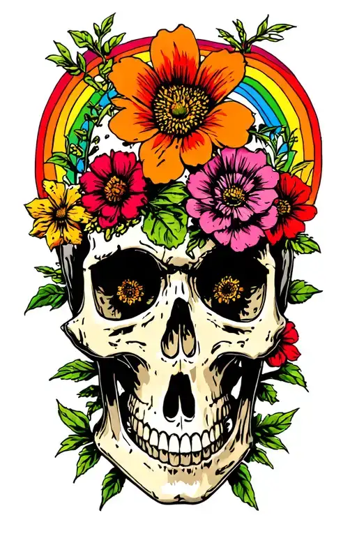 Flowers Skull And Rainbow
