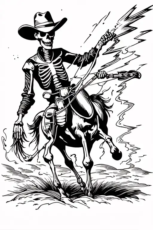 Skeleton Cowboy Riding A Lightning Bolt Lassoing A Tornado