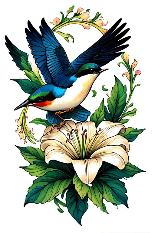 One Lily Flower And Swallow Bird Flying Away