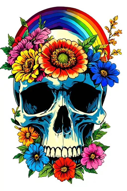 Flowers Skull And Rainbow