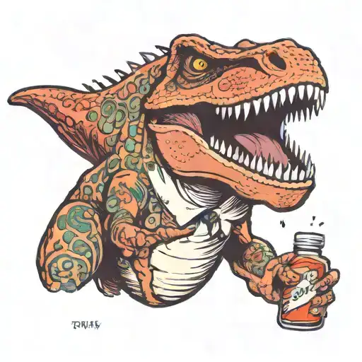 A Ghetto T-rex Who Spits Out A Little Pill Bottle Labeled