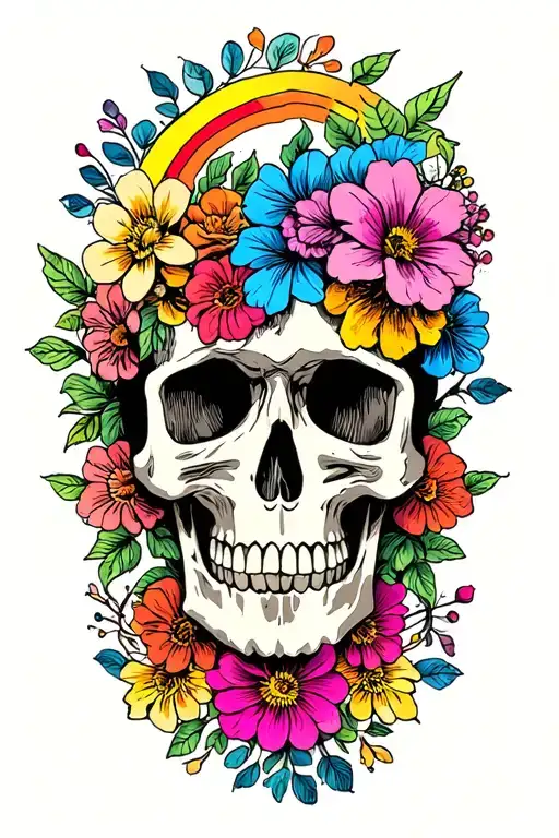 Flowers Skull And Rainbow