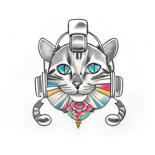A Traditional Style Tattoo Of A Stoic Cat Wearing Headphones