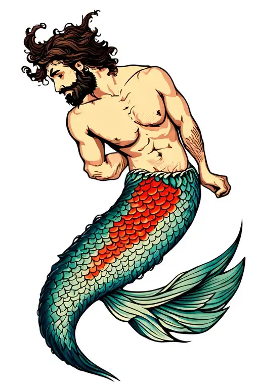 Merman Body Hair With Beard Line Work Traditional